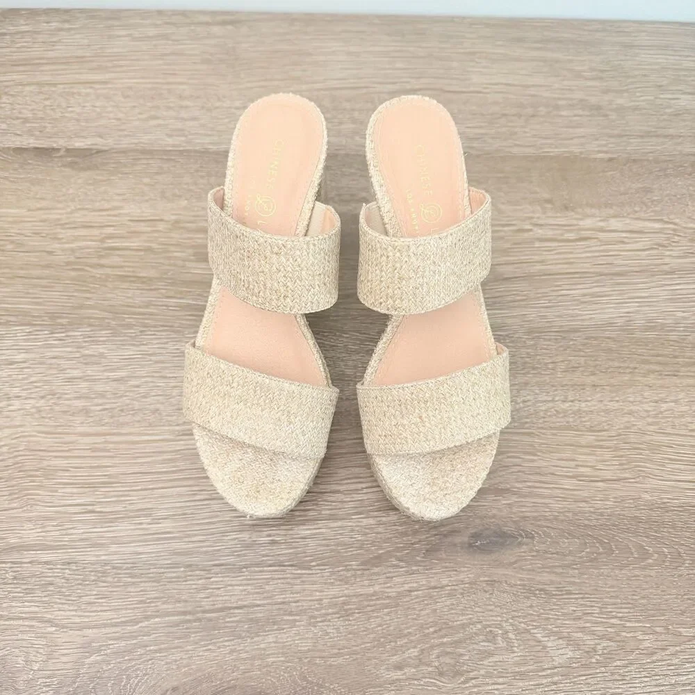 Chinese Laundry Raffia Platform Mule Sandals Womens Size 6.5 Beige Block Heel - Picture 6 of 10